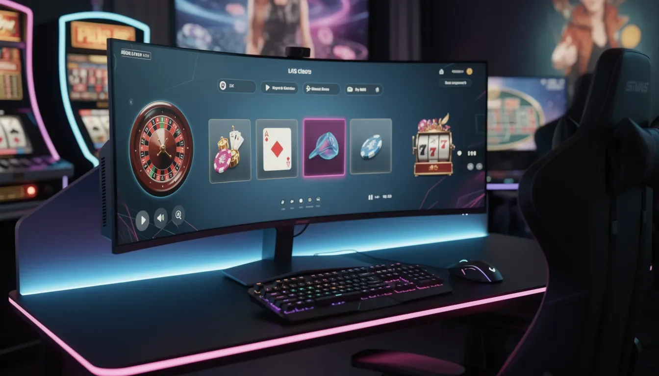 The image depicts a modern casino gaming setup featuring vibrant neon lighting and a sleek interface display, designed to create an enjoyable experience for players. This setup emphasizes fair gaming, smooth gameplay, and a wide selection of games, making it an ideal choice for both seasoned and new players in the online casino environment.