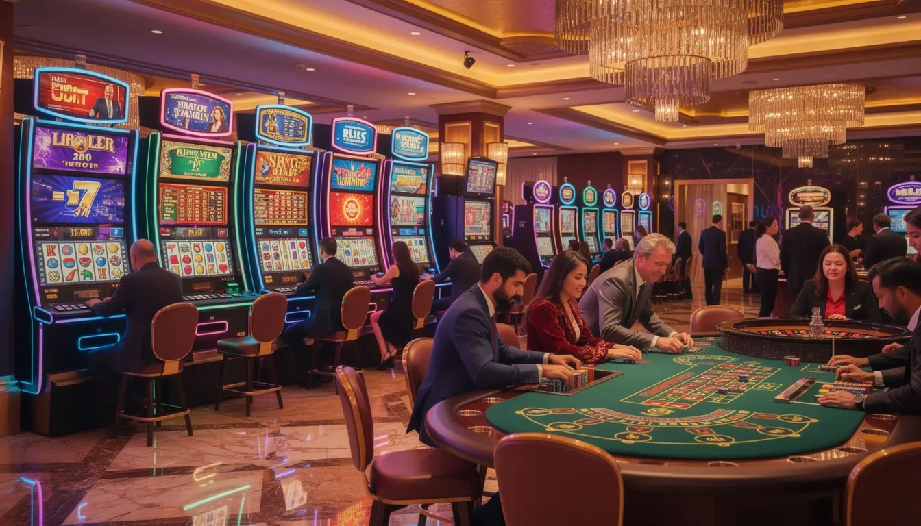 The image depicts a vibrant casino gaming atmosphere filled with colorful slot displays and lively gaming tables, creating an enjoyable experience for players. The scene captures the excitement of both seasoned players and newcomers in a fair gaming environment, highlighting the variety of games available, including slots, blackjack, and roulette.